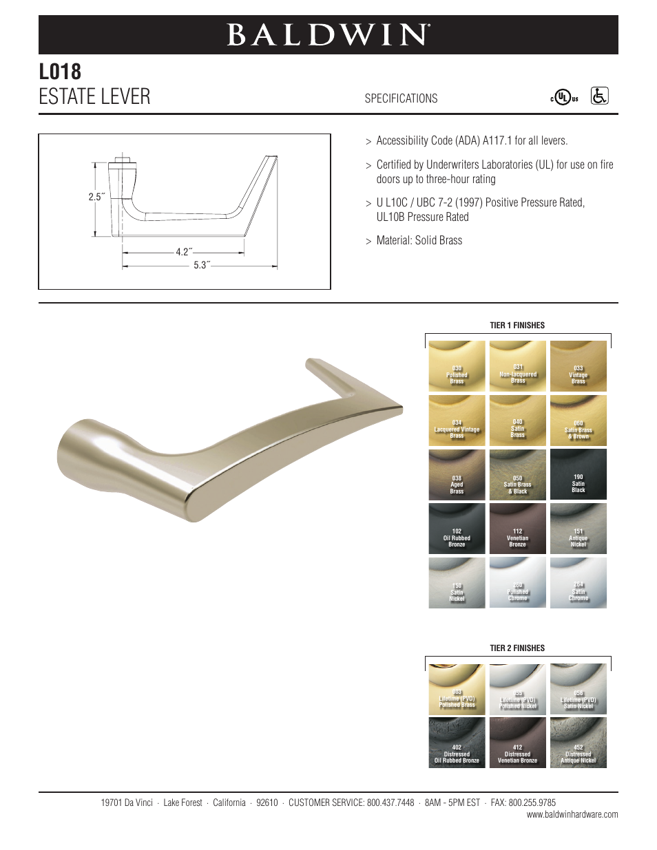 Baldwin L018 Estate Lever User Manual | 1 page