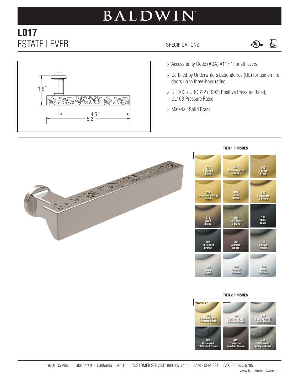 Baldwin L017 Estate Lever User Manual | 1 page