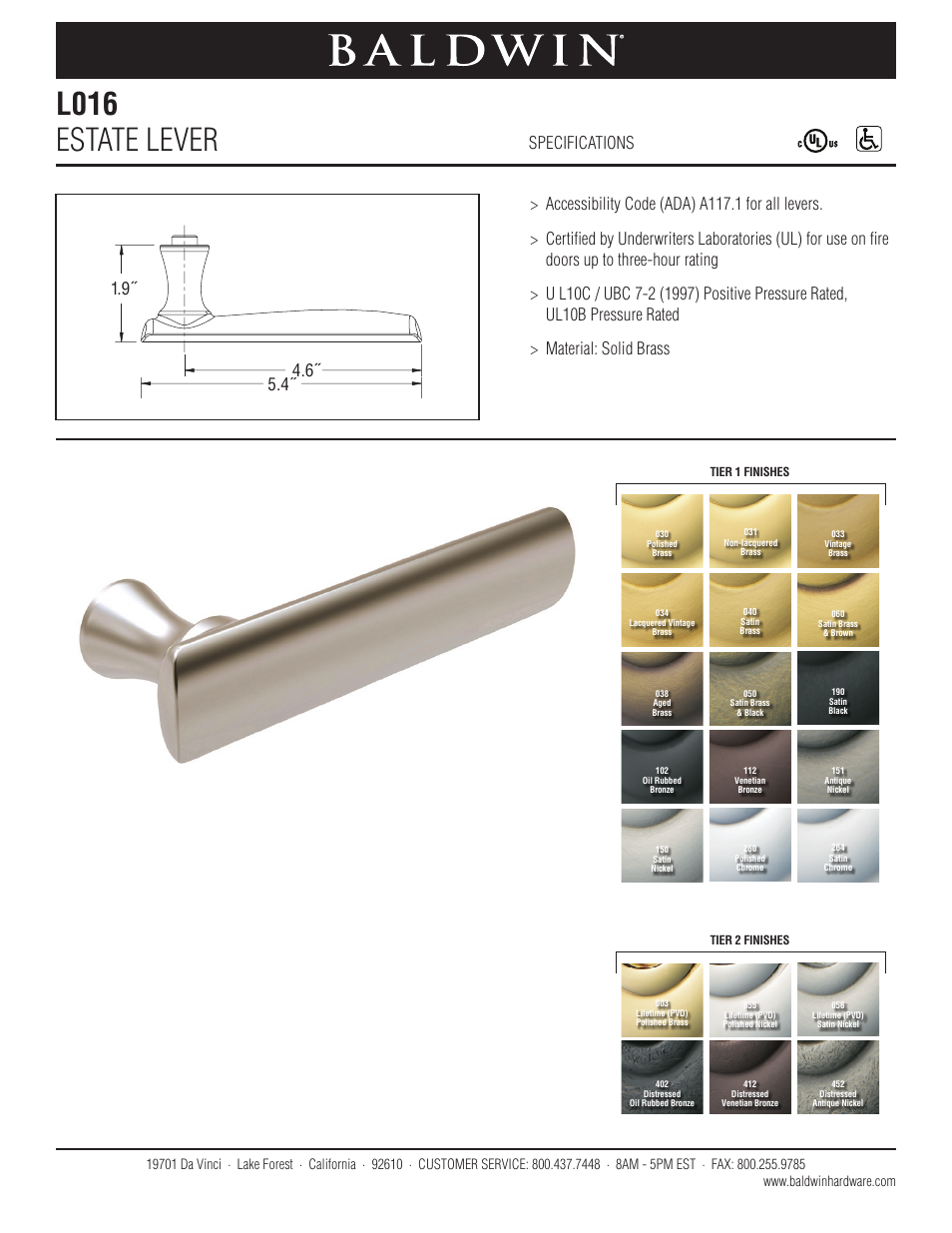 Baldwin L016 Estate Lever User Manual | 1 page