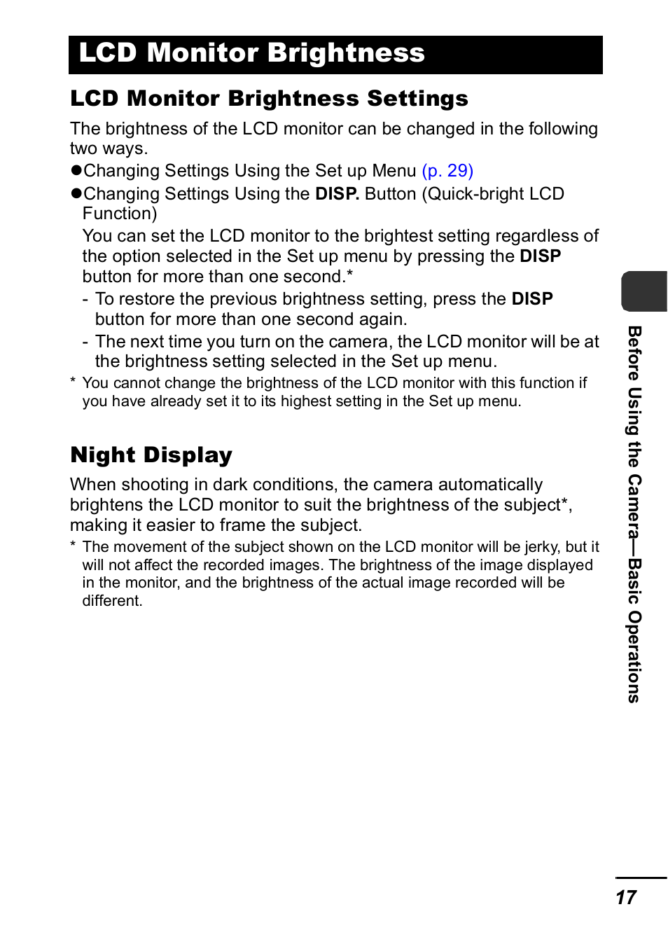 Lcd monitor brightness, Lcd monitor brightness settings, Night display | Canon IXUS 60 User Manual | Page 19 / 131