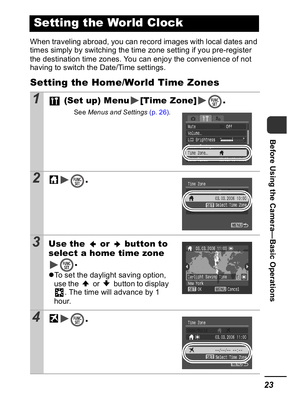 Setting the world clock, P. 23) | Canon IXUS 60 User Manual | Page 25 / 131