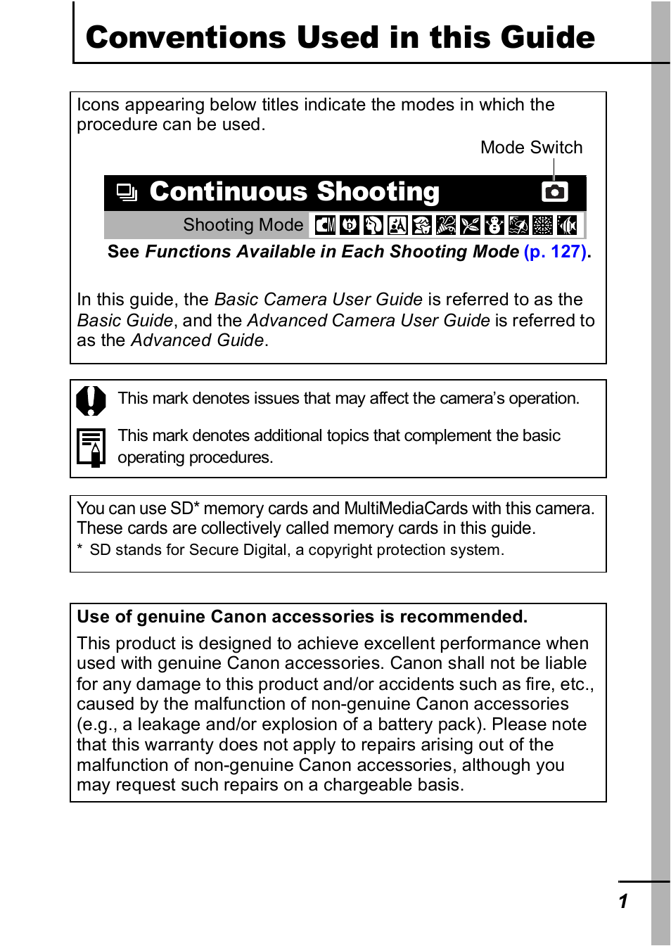 Conventions used in this guide, Continuous shooting | Canon IXUS 60 User Manual | Page 3 / 131