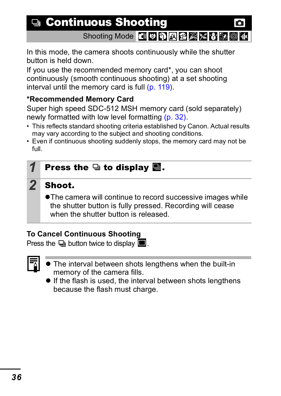 Continuous shooting, Pp. 36 | Canon IXUS 60 User Manual | Page 38 / 131