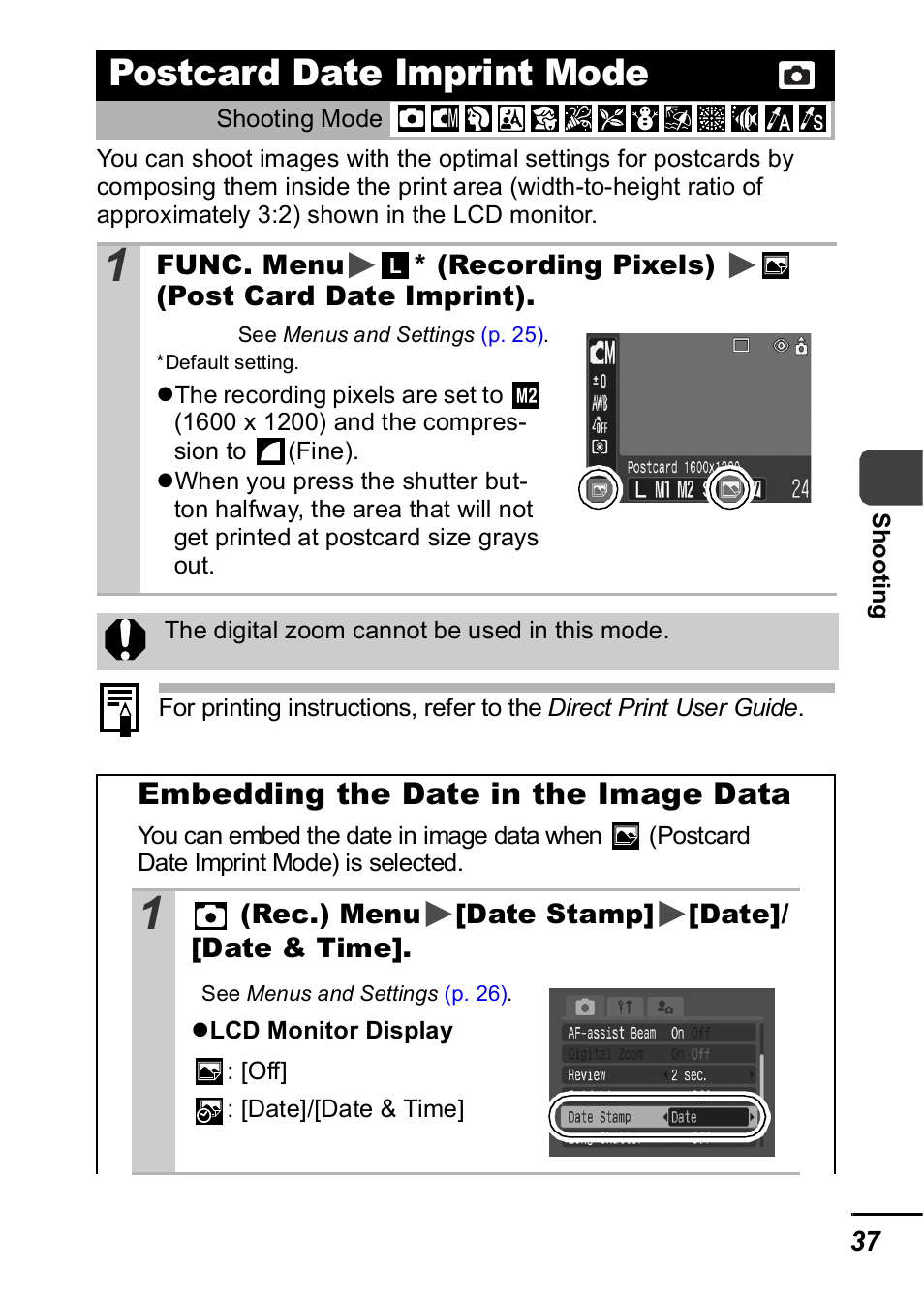 Postcard date imprint mode, P. 37, Embedding the date in the image data | Canon IXUS 60 User Manual | Page 39 / 131