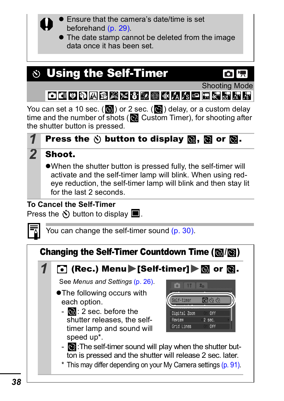 Using the self-timer, P. 38), P. 38 | Changing the self-timer countdown time ( / ) | Canon IXUS 60 User Manual | Page 40 / 131