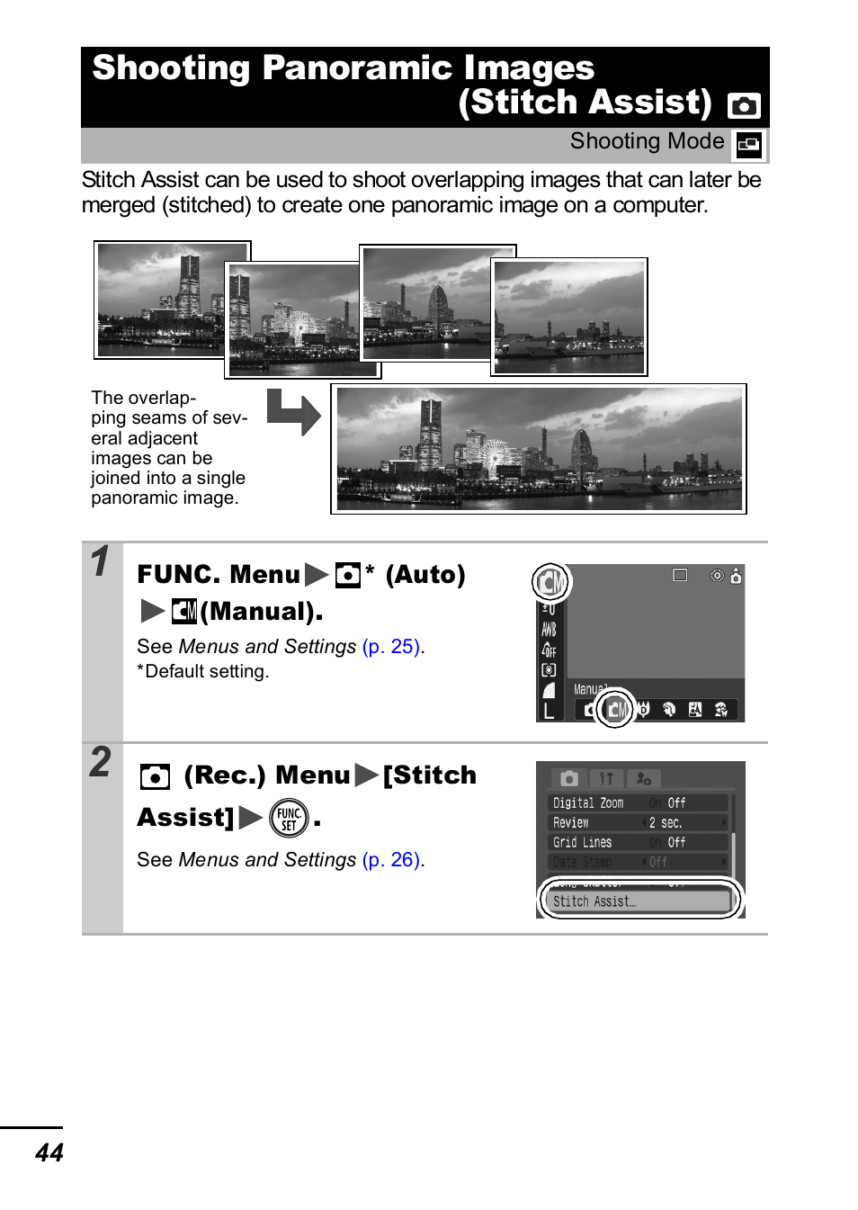 Shooting panoramic images (stitch assist), P. 44 | Canon IXUS 60 User Manual | Page 46 / 131