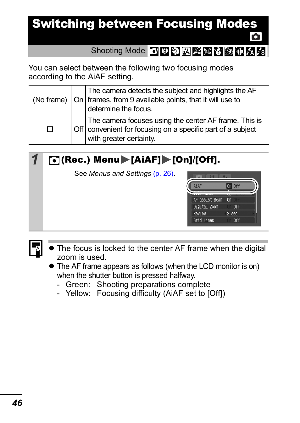 Switching between focusing modes, P. 46), P. 46 | Canon IXUS 60 User Manual | Page 48 / 131