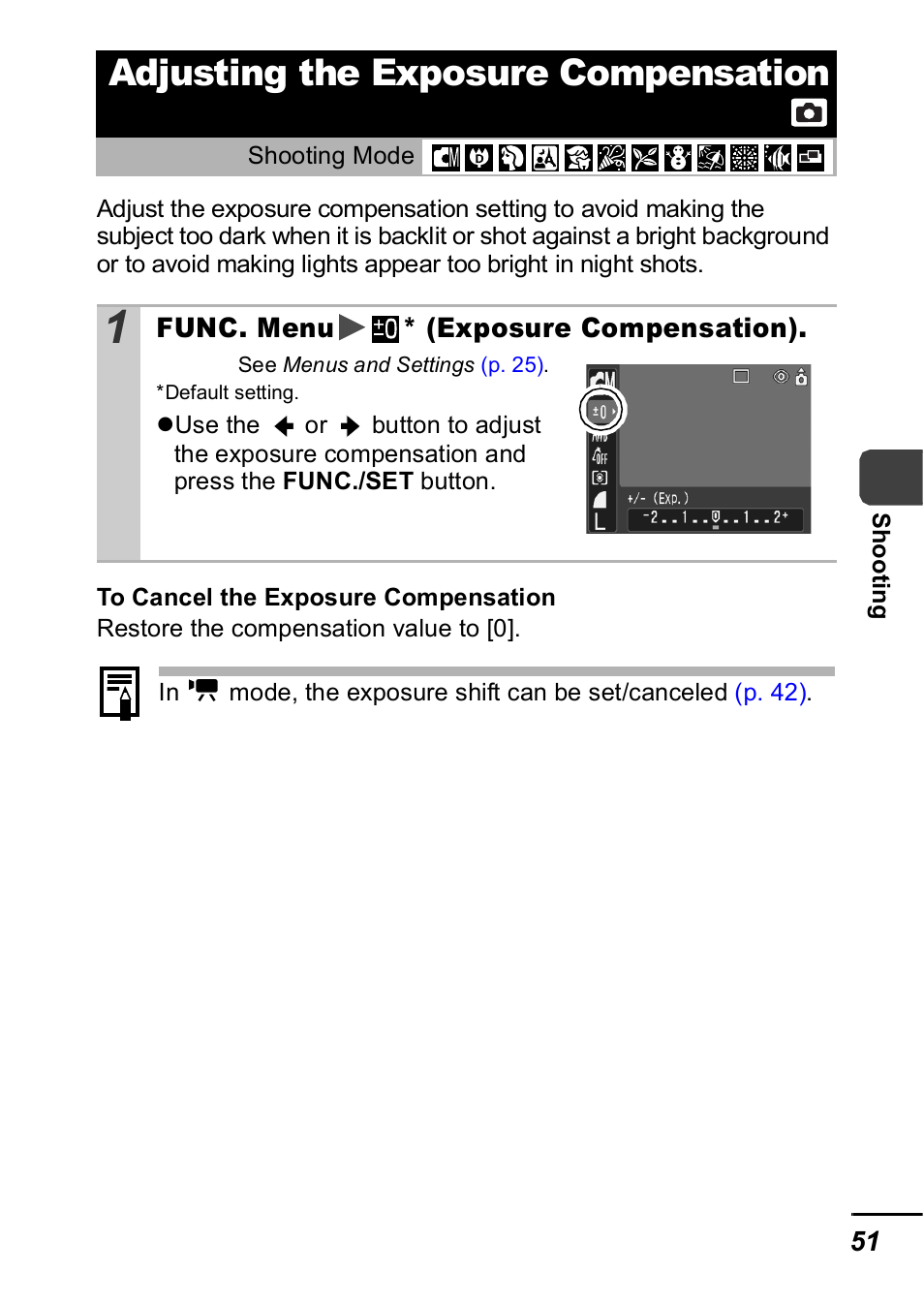 Adjusting the exposure compensation, P. 51), P. 51 | Canon IXUS 60 User Manual | Page 53 / 131