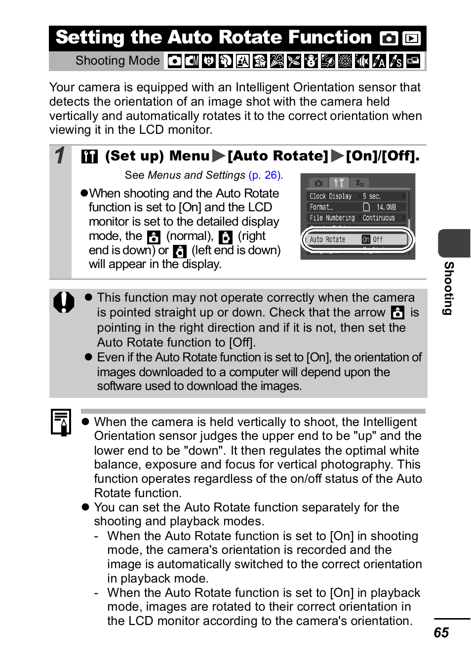 Setting the auto rotate function, P. 65), P. 65 | Canon IXUS 60 User Manual | Page 67 / 131