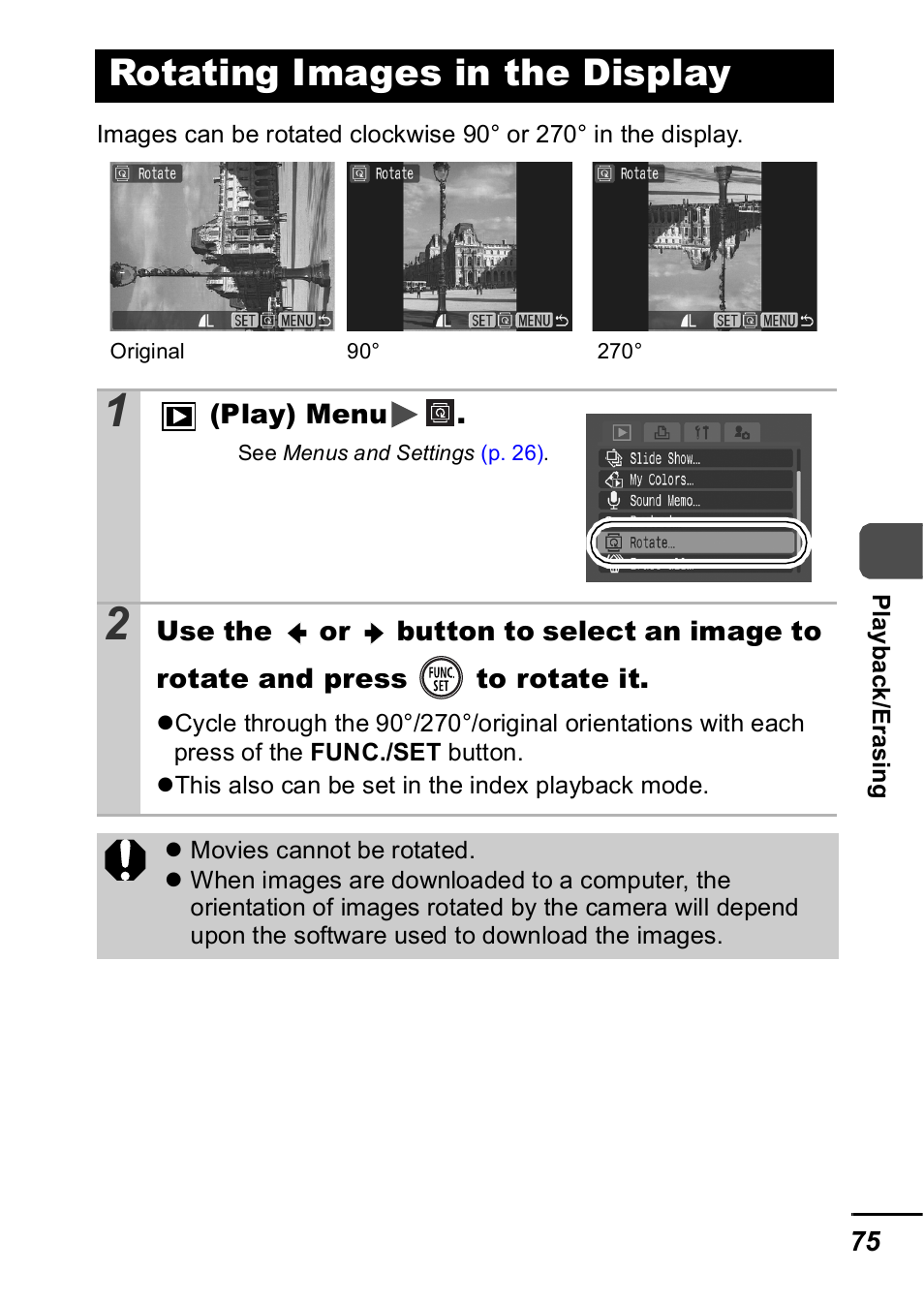 Rotating images in the display, P. 75 | Canon IXUS 60 User Manual | Page 77 / 131