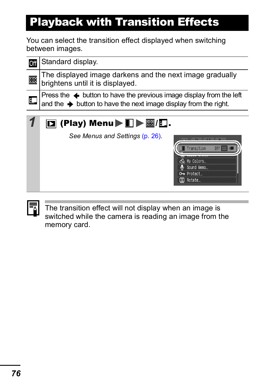 Playback with transition effects, P. 76 | Canon IXUS 60 User Manual | Page 78 / 131