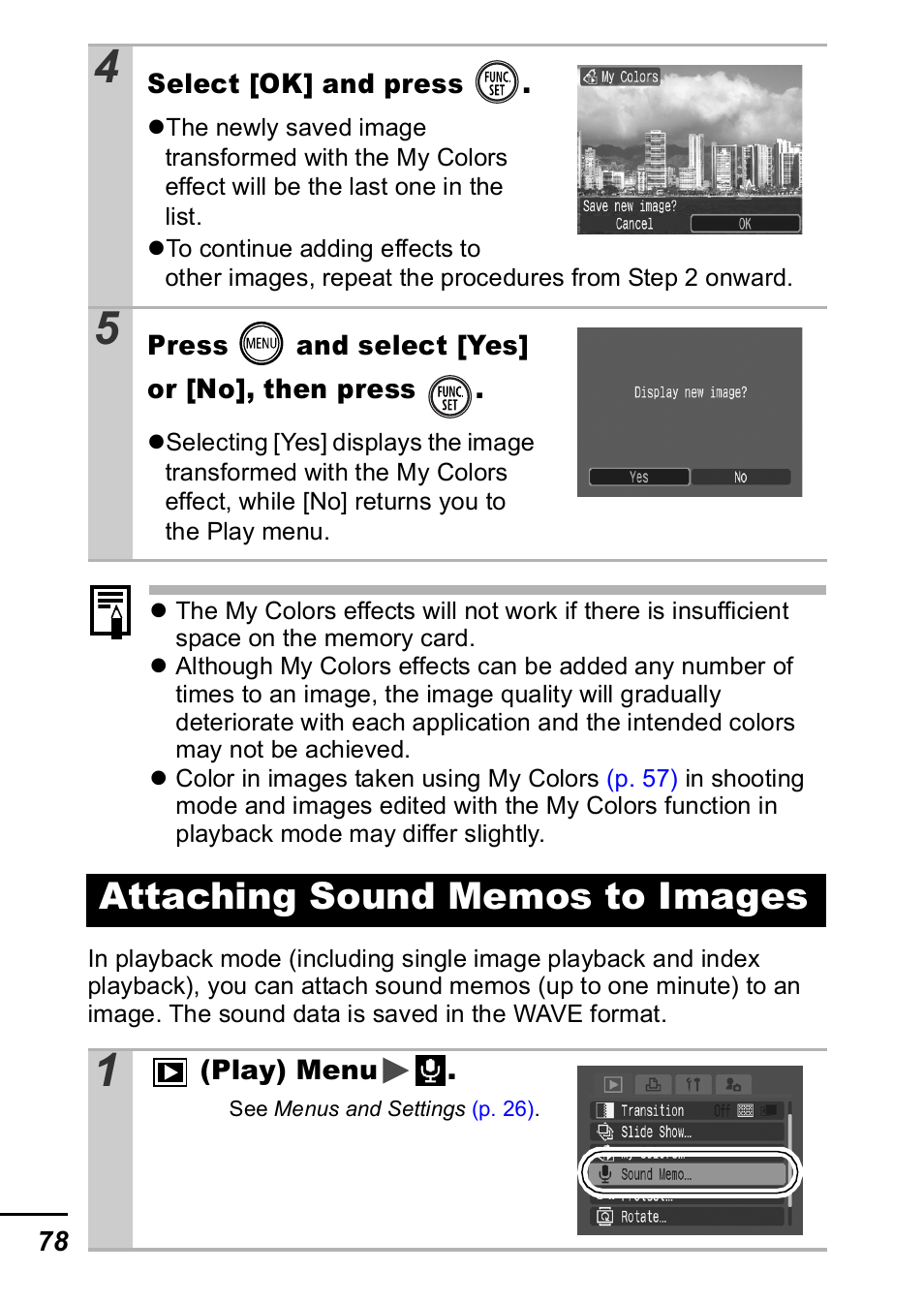 Attaching sound memos to images, P. 78), P. 78 | Canon IXUS 60 User Manual | Page 80 / 131