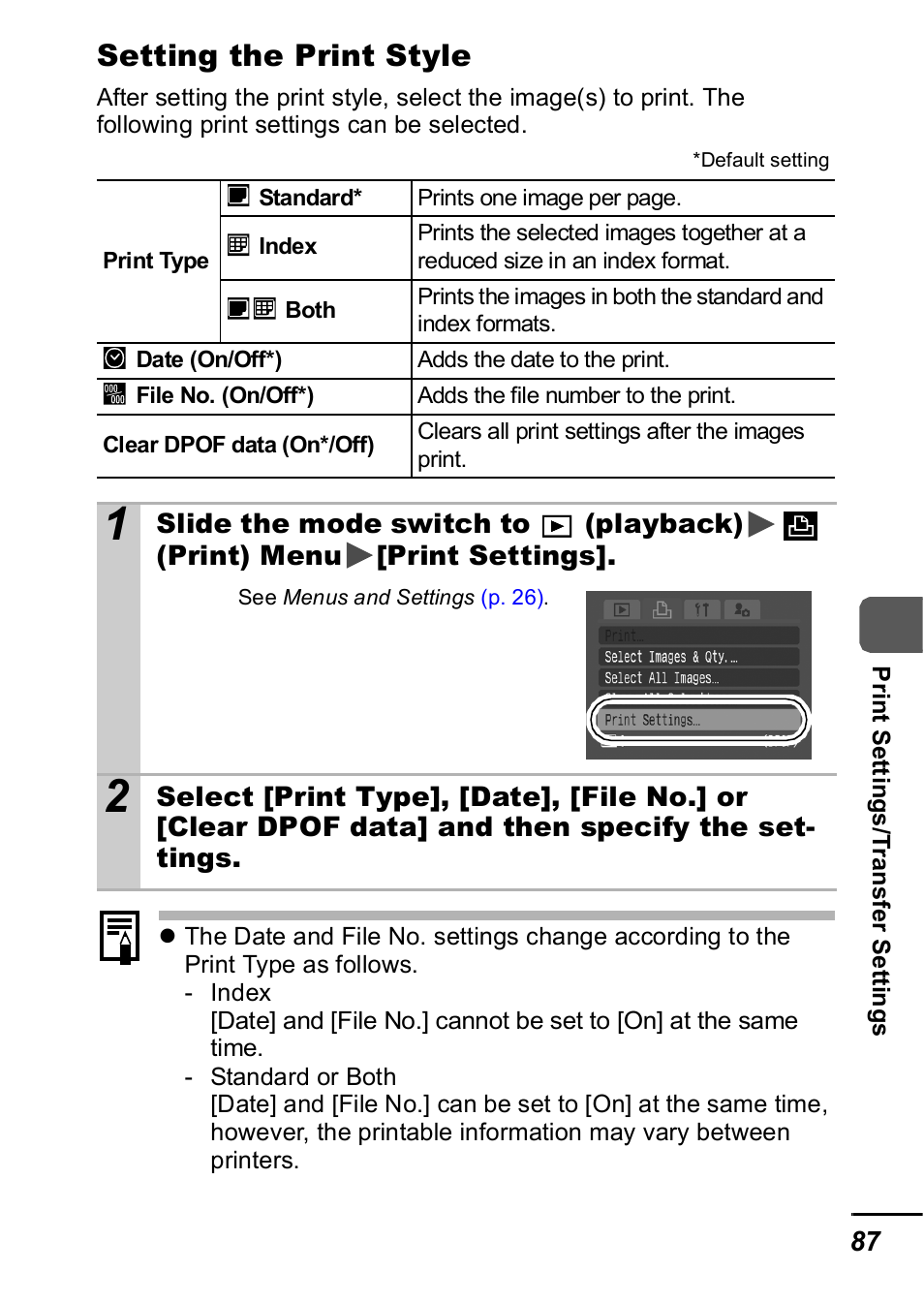 P. 87, Setting the print style | Canon IXUS 60 User Manual | Page 89 / 131