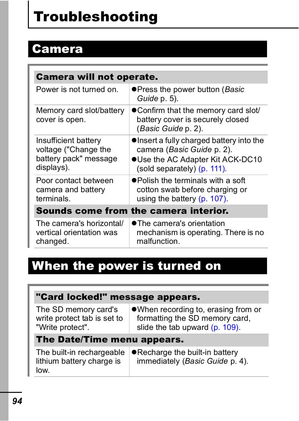 Troubleshooting, Camera, When the power is turned on | Camera when the power is turned on | Canon IXUS 60 User Manual | Page 96 / 131