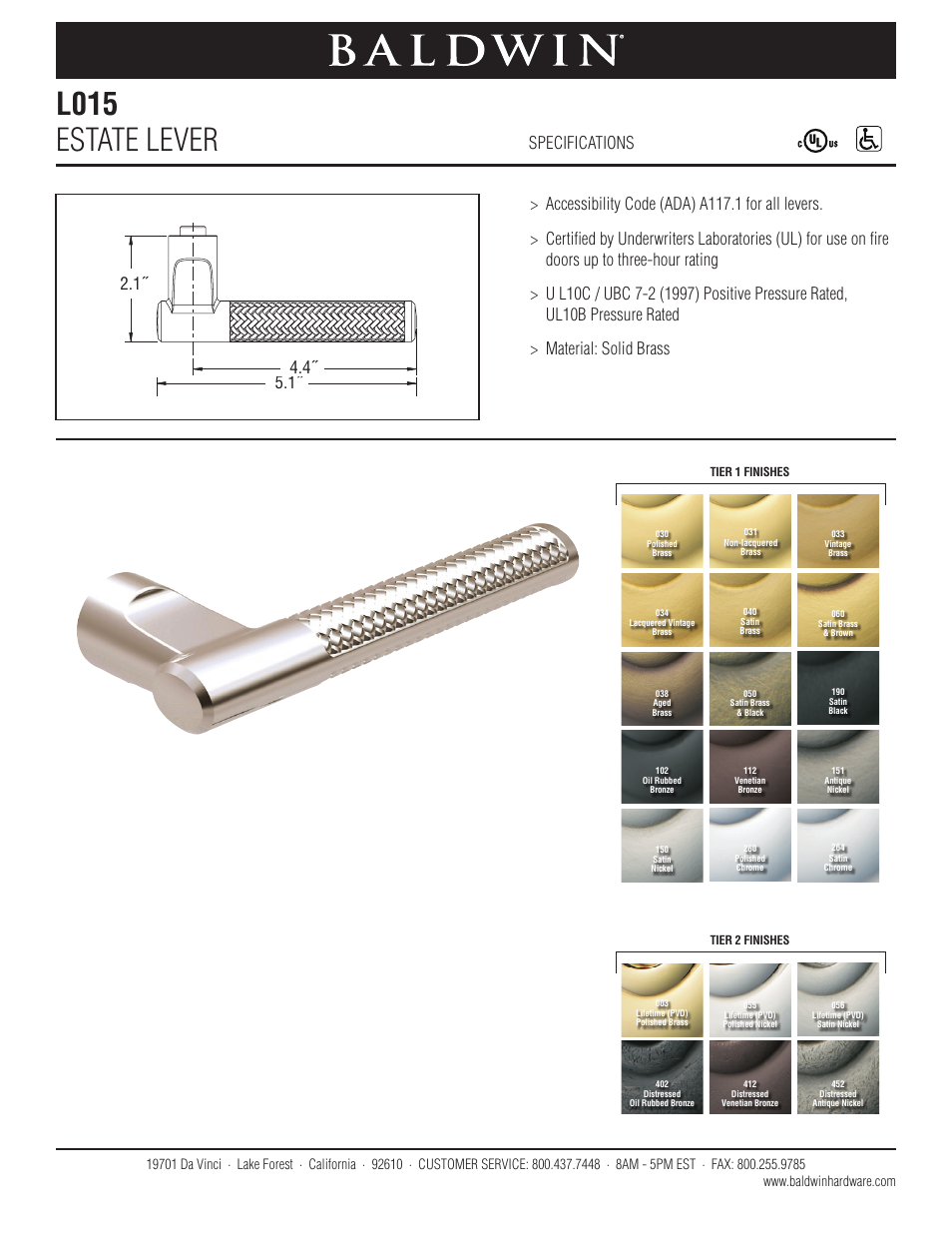 Baldwin L015 Estate Lever User Manual | 1 page
