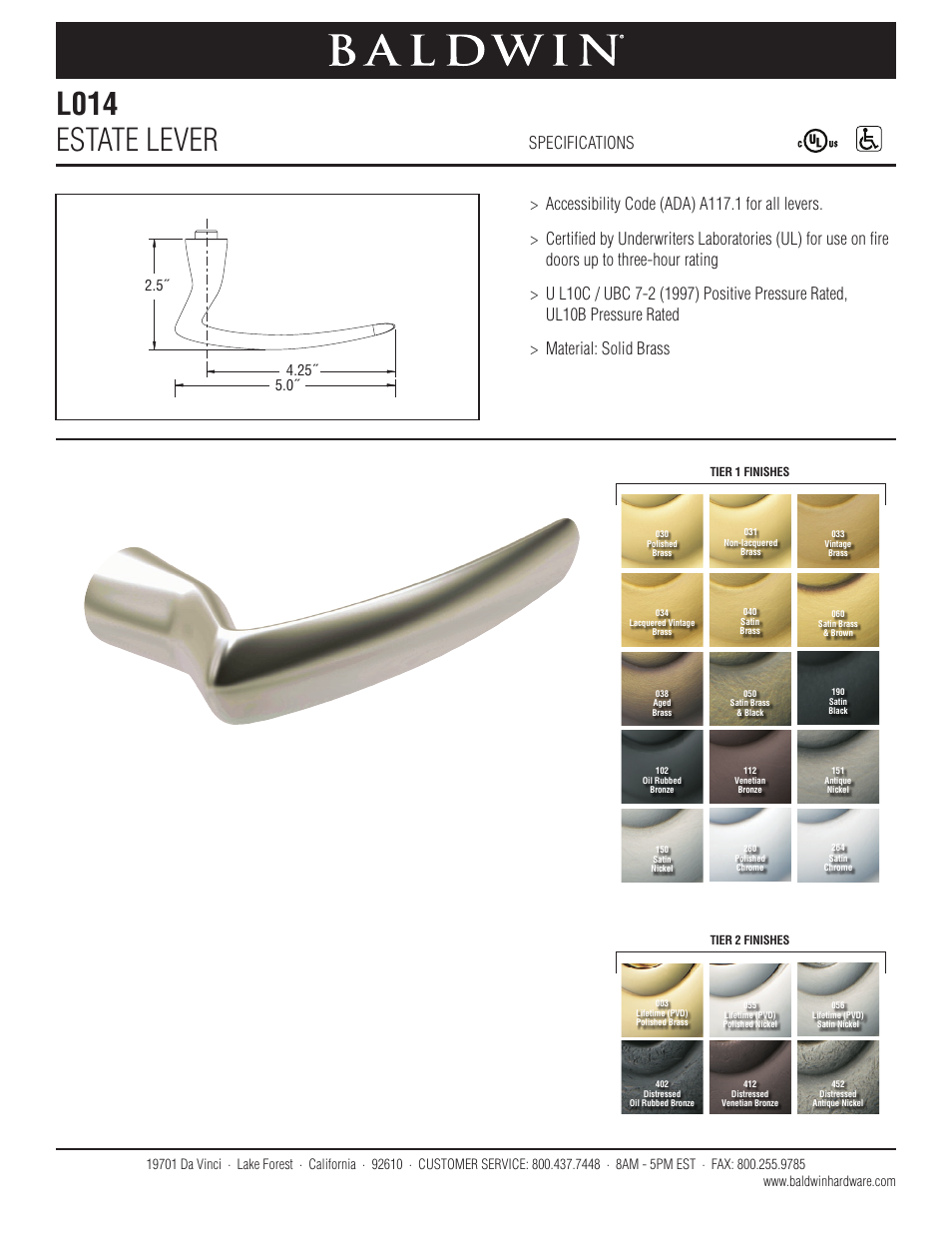 Baldwin L014 Estate Lever User Manual | 1 page