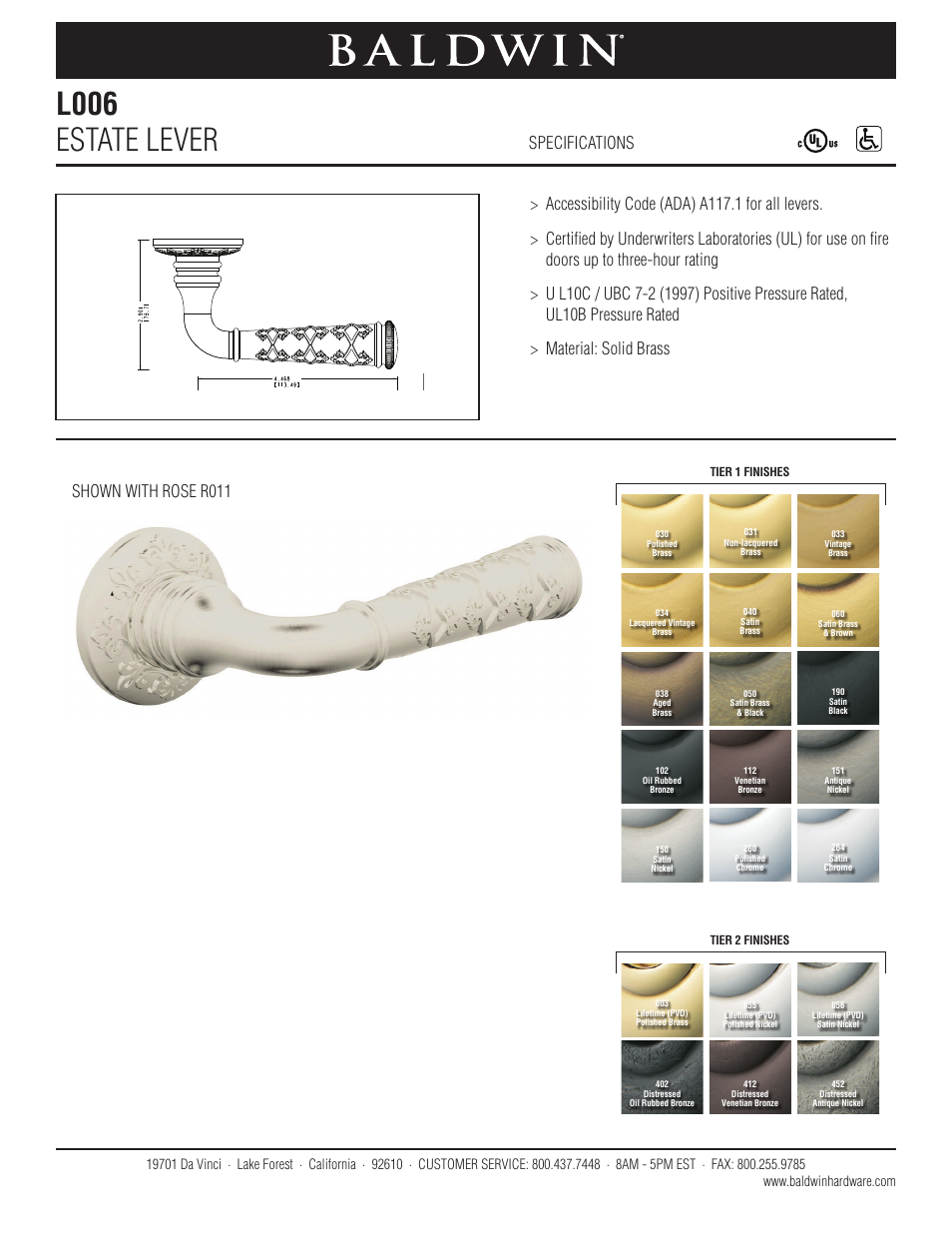 Baldwin L006 Estate Lever User Manual | 1 page