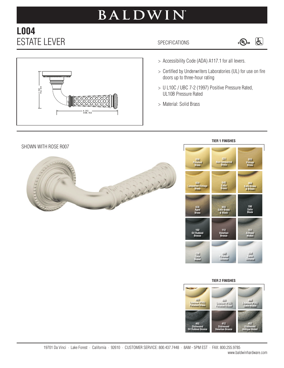 Baldwin L004 Estate Lever User Manual | 1 page