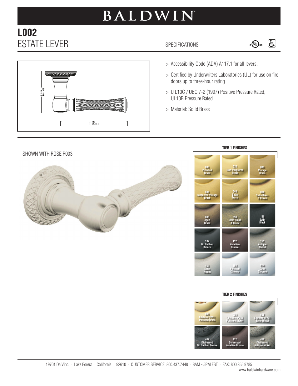 Baldwin L002 Estate Lever User Manual | 1 page