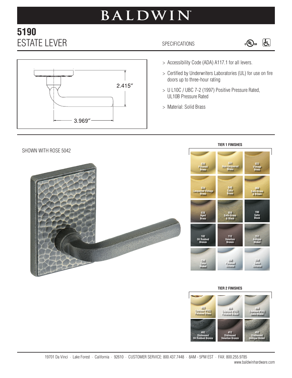 Baldwin 5190 Estate Lever User Manual | 1 page