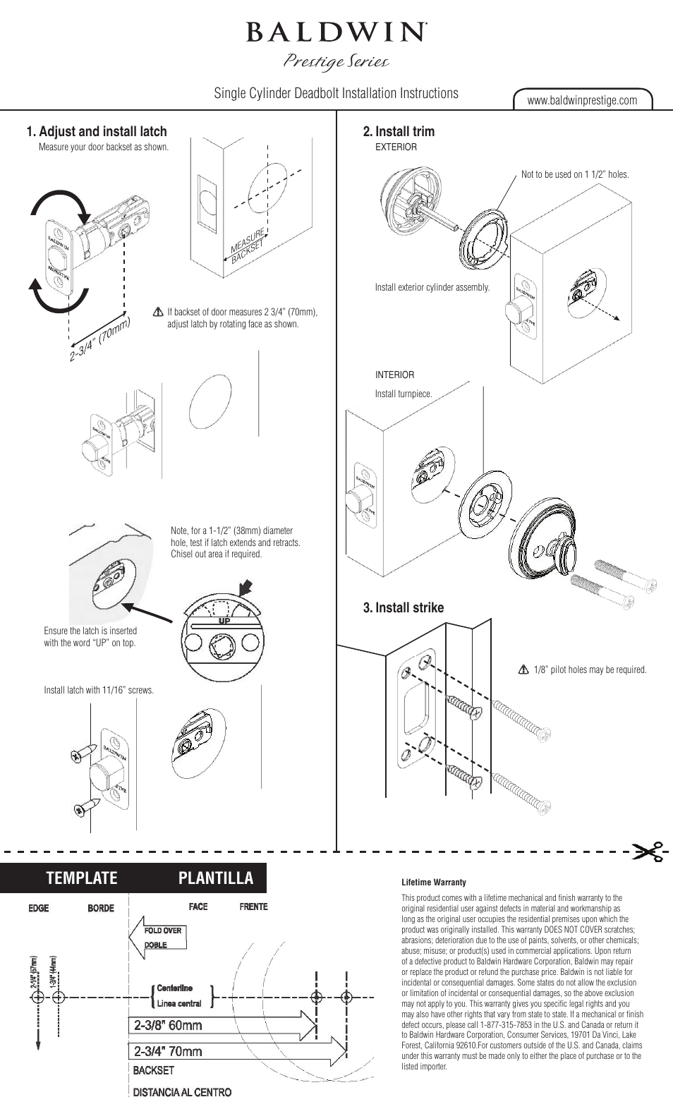 Baldwin Single Cylinder Deadbolt User Manual | 2 pages