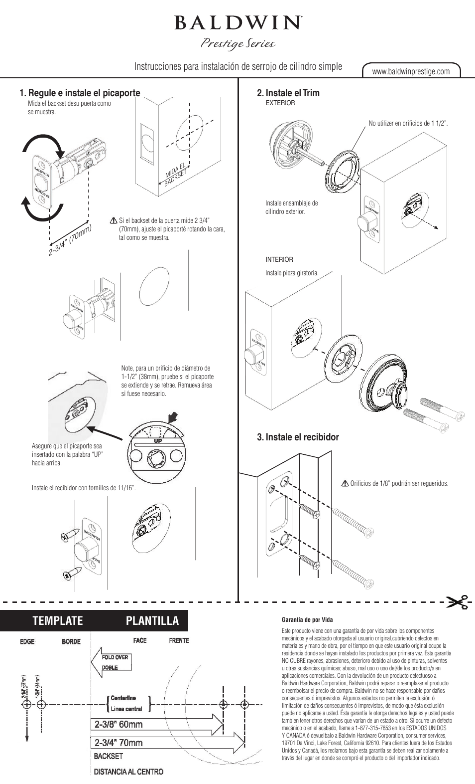Prestige series, Template plantilla, Regule e instale el picaporte | Instale el trim, Instale el recibidor | Baldwin Single Cylinder Deadbolt User Manual | Page 2 / 2