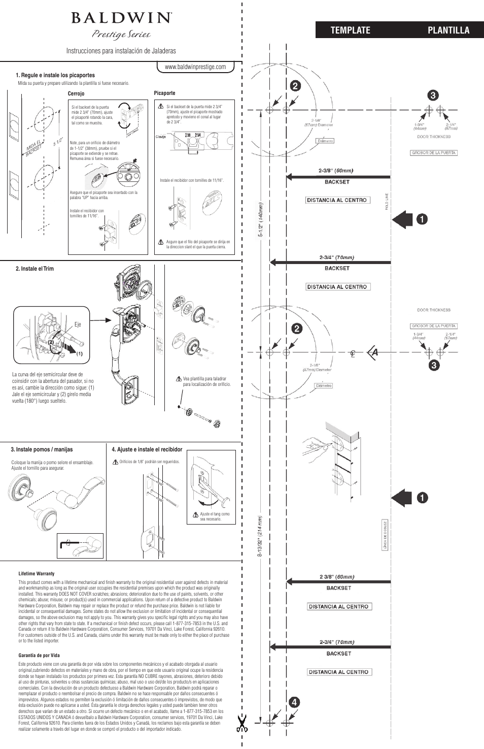 Prestige series, Template plantilla, Instrucciones para instalación de jaladeras | Baldwin Wesley Handleset with Carnaby Knob User Manual | Page 2 / 2