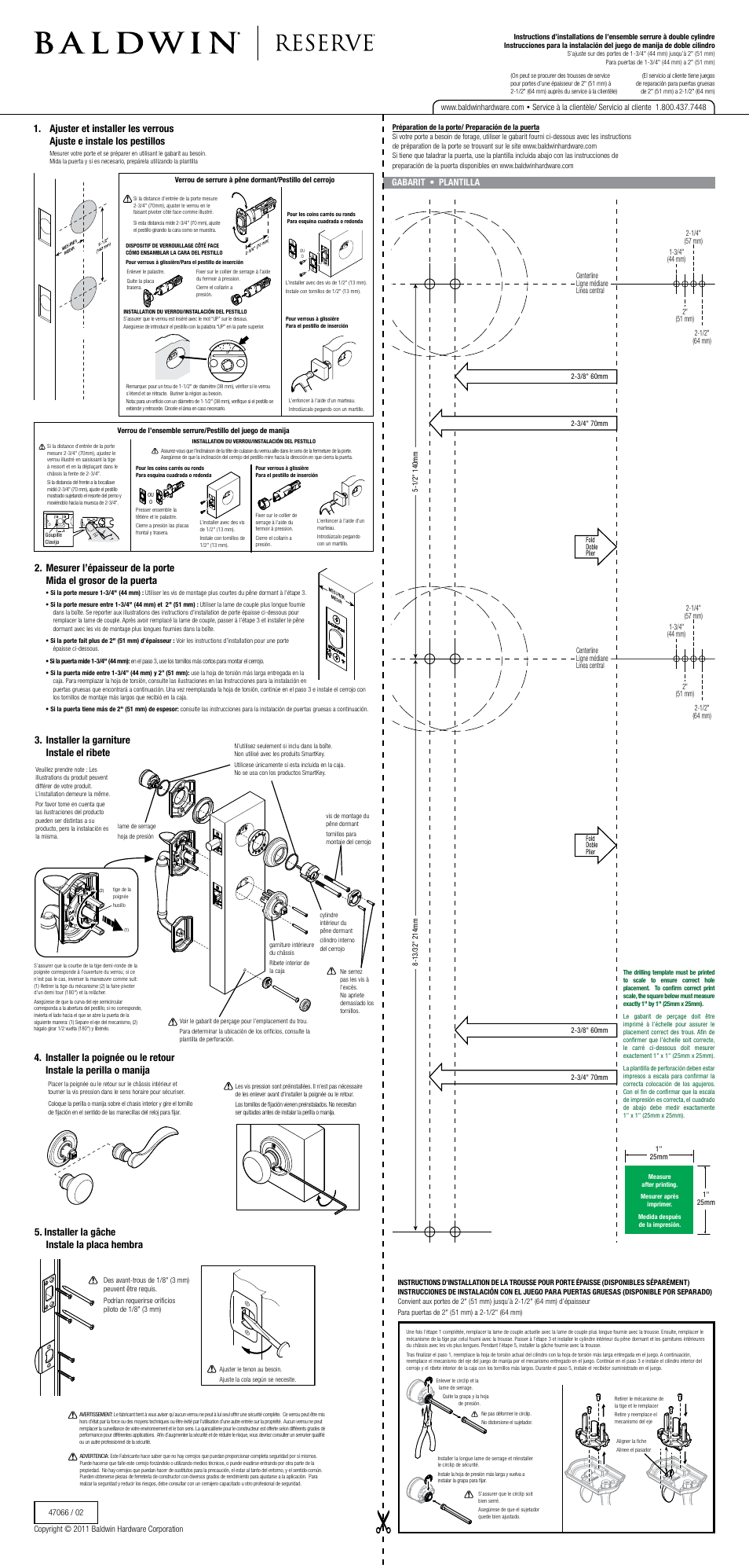 Installer la garniture instale el ribete, Installer la gâche instale la placa hembra, Gabarit • plantilla | Baldwin Longview Handleset - Double Cylinder User Manual | Page 2 / 2
