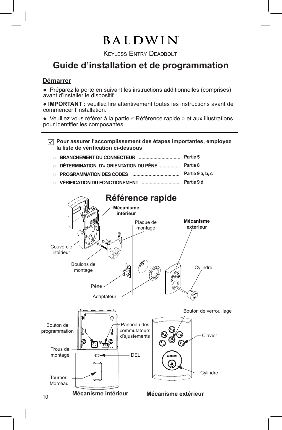 Guide d’installation et de programmation, Référence rapide, Démarrer | Baldwin Soho AC Z-Wave Deadbolt User Manual | Page 10 / 27