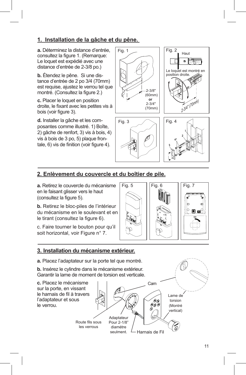Enlèvement du couvercle et du boîtier de pile, Installation de la gâche et du pêne, Installation du mécanisme extérieur | Baldwin Soho AC Z-Wave Deadbolt User Manual | Page 11 / 27