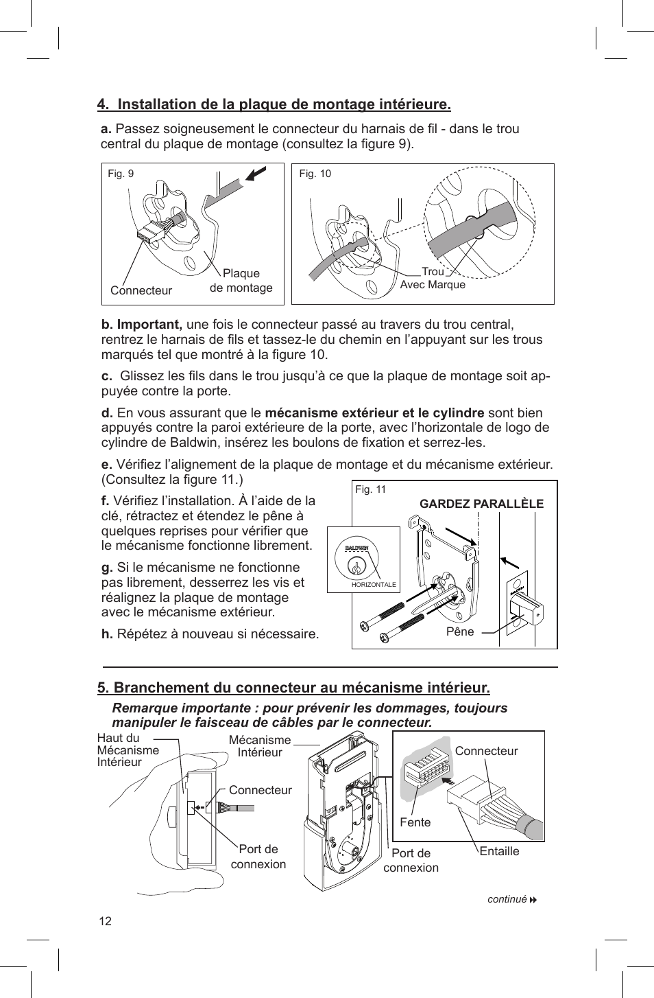 Installation de la plaque de montage intérieure, Branchement du connecteur au mécanisme intérieur | Baldwin Soho AC Z-Wave Deadbolt User Manual | Page 12 / 27