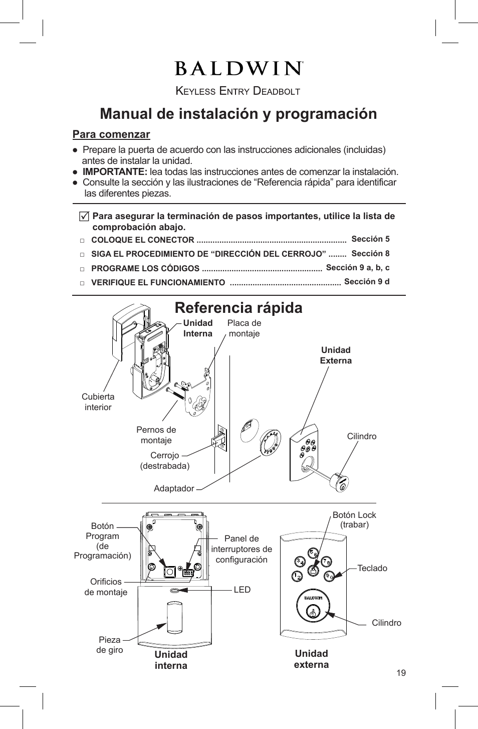 Referencia rápida, Manual de instalación y programación | Baldwin Soho AC Z-Wave Deadbolt User Manual | Page 19 / 27