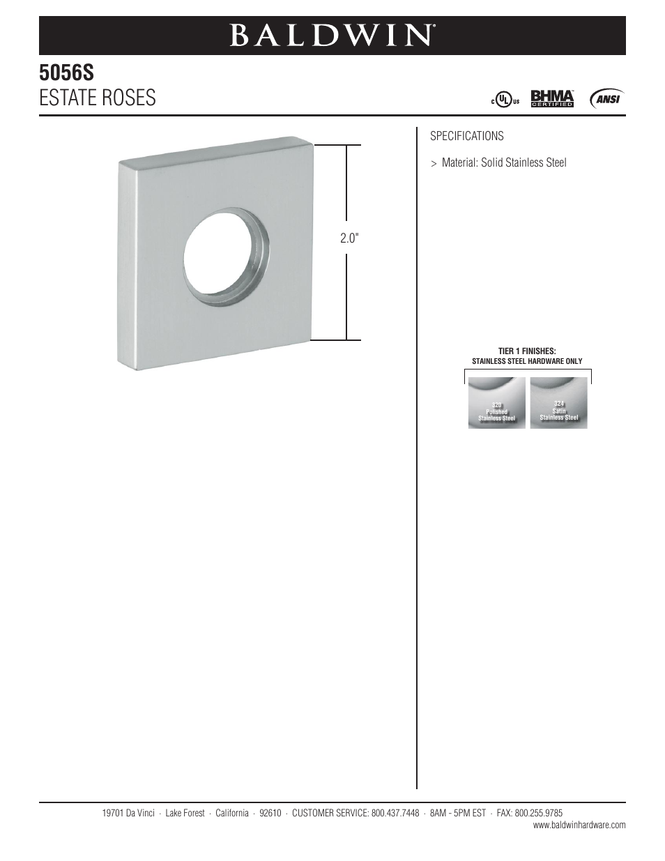 Baldwin 5056s Estate Rose User Manual | 1 page