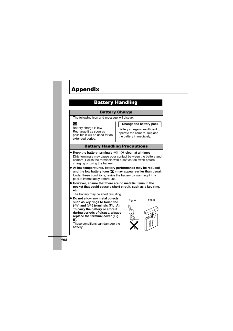 Appendix, Battery handling, Low battery | P. 104) | Canon IXUS 55 User Manual | Page 106 / 127