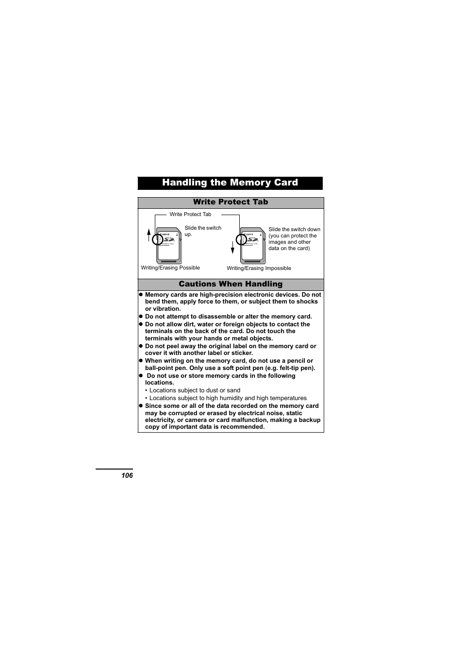Handling the memory card, P. 106) | Canon IXUS 55 User Manual | Page 108 / 127