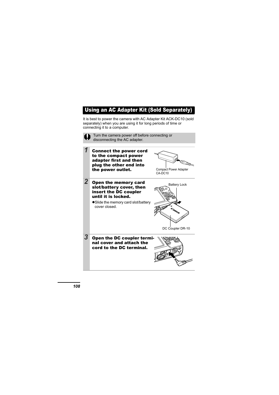 Using an ac adapter kit (sold separately), P. 108) | Canon IXUS 55 User Manual | Page 110 / 127