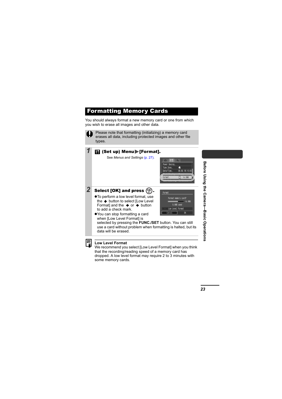 Formatting memory cards | Canon IXUS 55 User Manual | Page 25 / 127