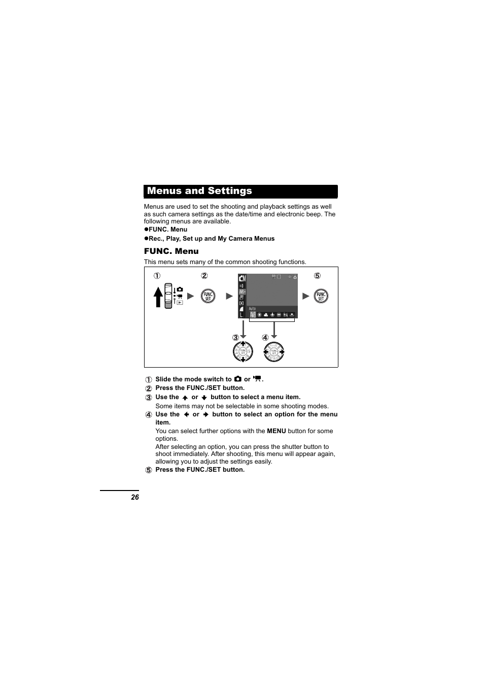 Menus and settings, Button, P. 26) | Canon IXUS 55 User Manual | Page 28 / 127