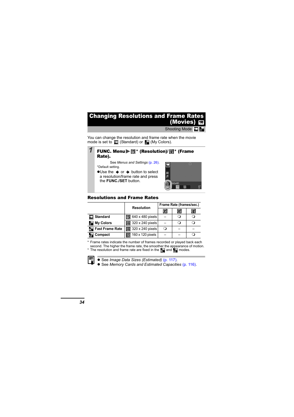 Changing resolutions and frame rates (movies), Movie), P. 34) | Ies), P. 34 | Canon IXUS 55 User Manual | Page 36 / 127