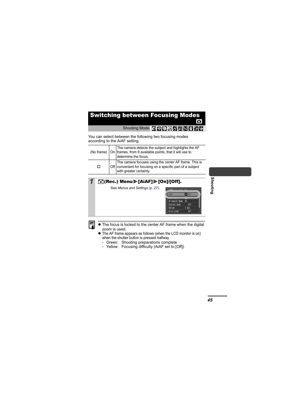 Switching between focusing modes, P. 45), P. 45 | Canon IXUS 55 User Manual | Page 47 / 127