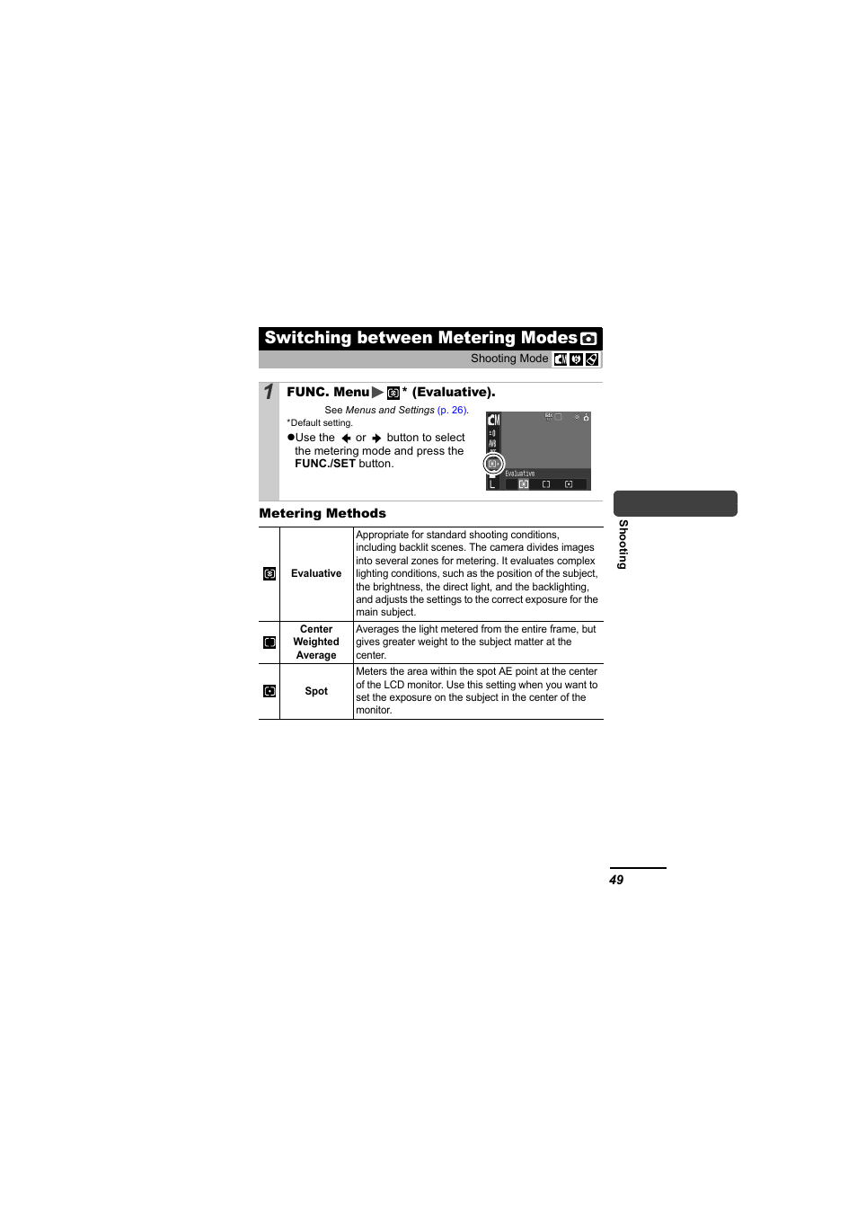 Switching between metering modes, P. 49), P. 49 | Canon IXUS 55 User Manual | Page 51 / 127