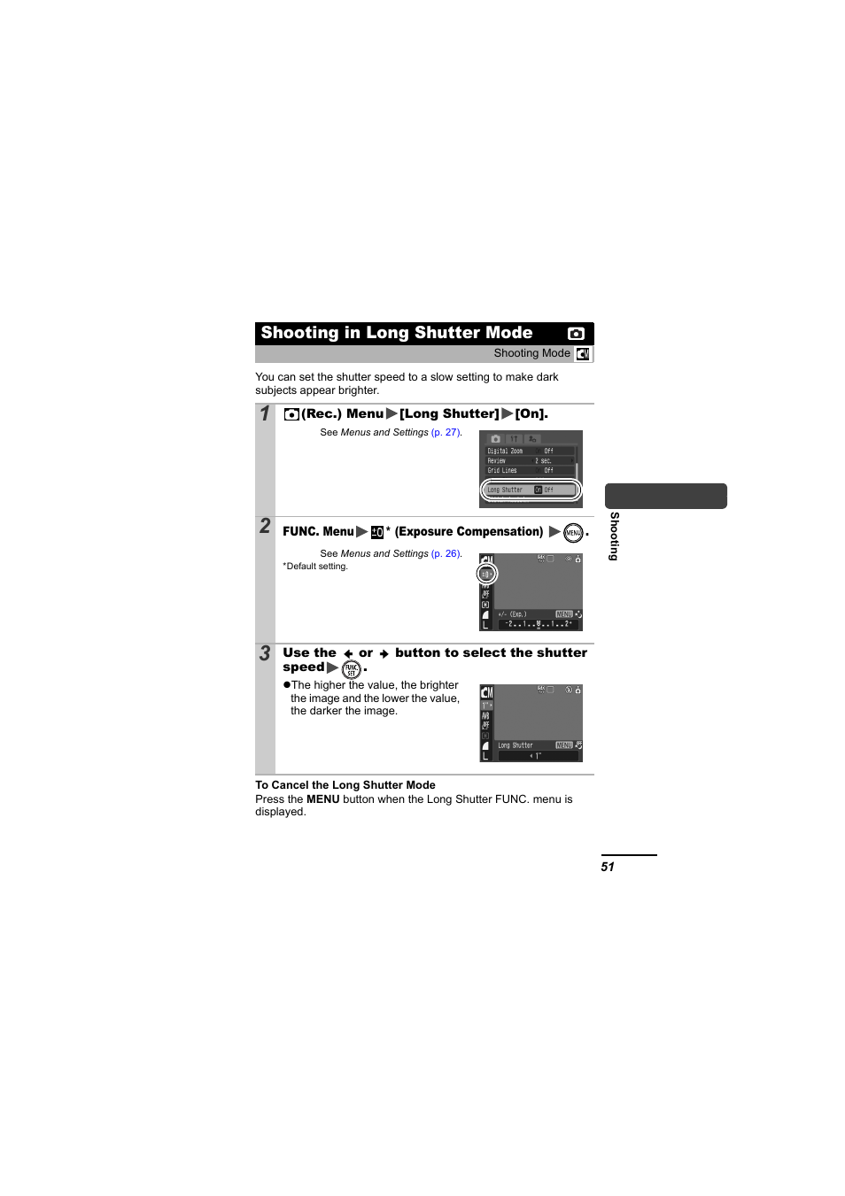 Shooting in long shutter mode, P. 51), P. 51 | Canon IXUS 55 User Manual | Page 53 / 127