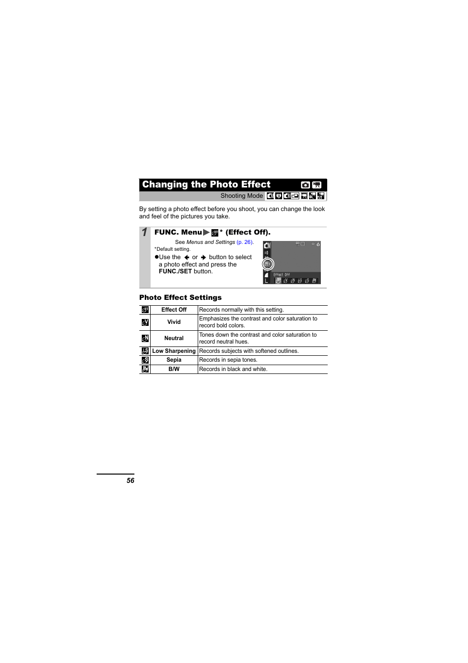 Changing the photo effect, Photo effect, P. 56) | P. 56 | Canon IXUS 55 User Manual | Page 58 / 127