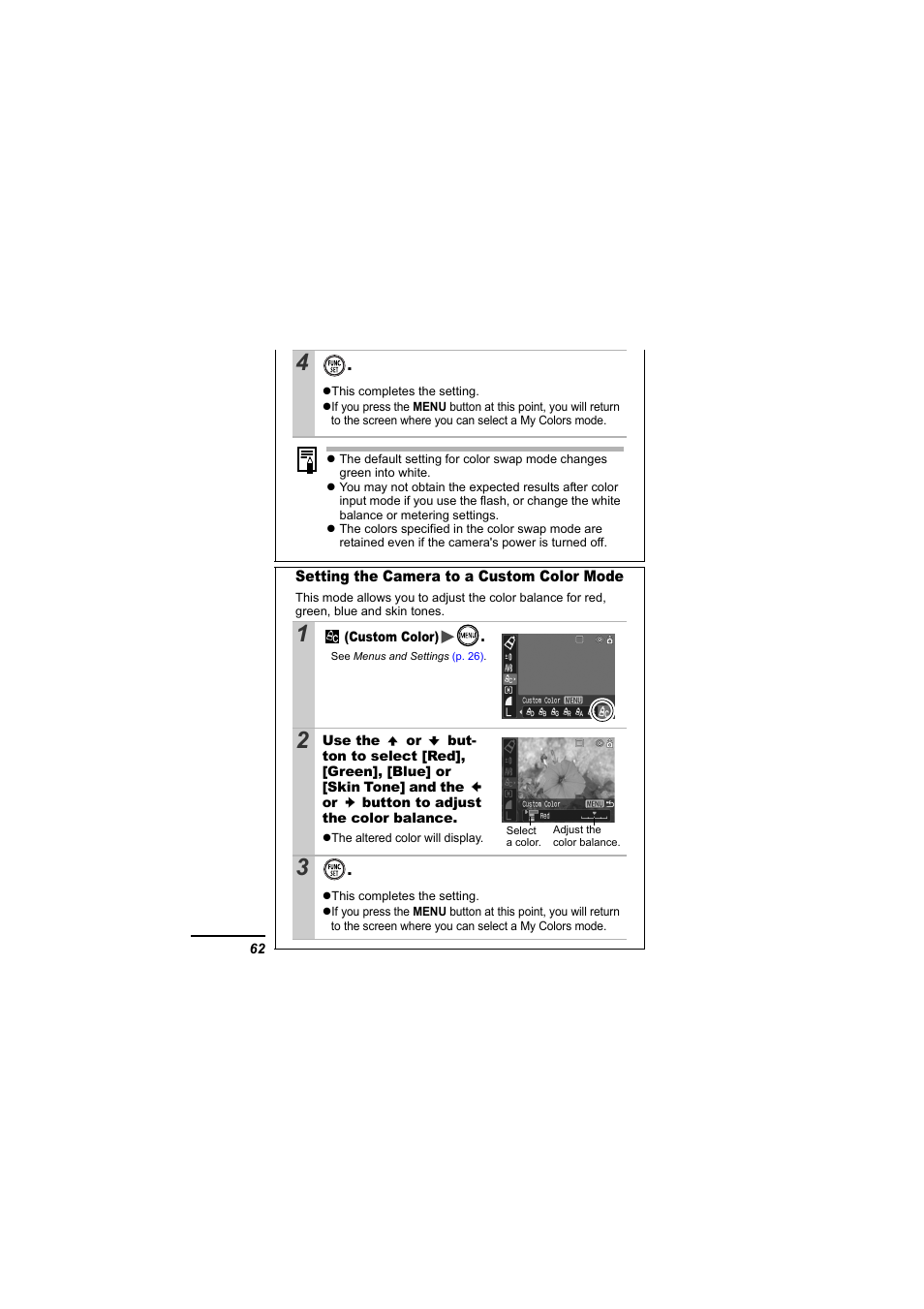 See setting the camera to a custom color mode, P. 62) | Canon IXUS 55 User Manual | Page 64 / 127