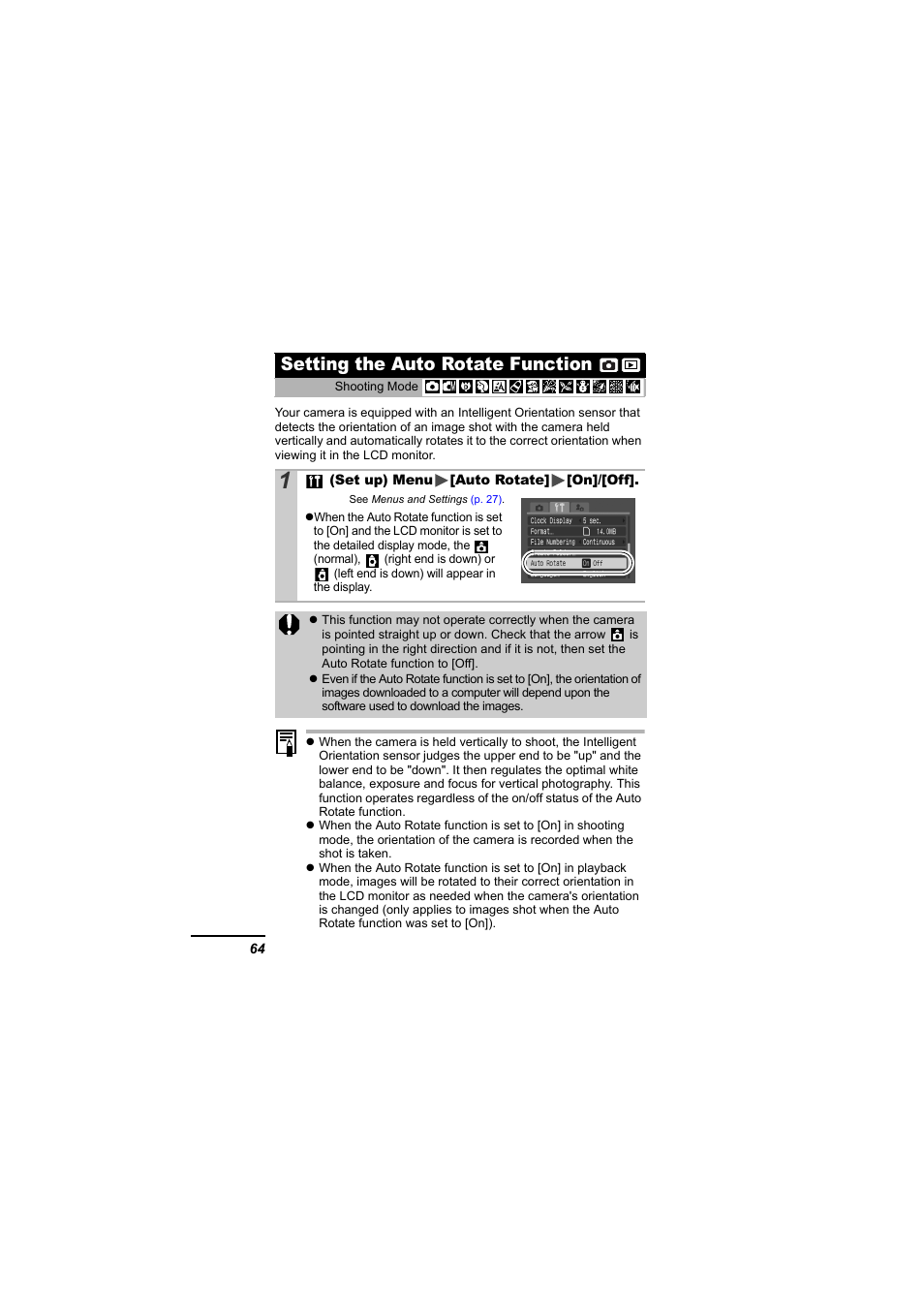 Setting the auto rotate function, Auto rotate, P. 64) | P. 64 | Canon IXUS 55 User Manual | Page 66 / 127
