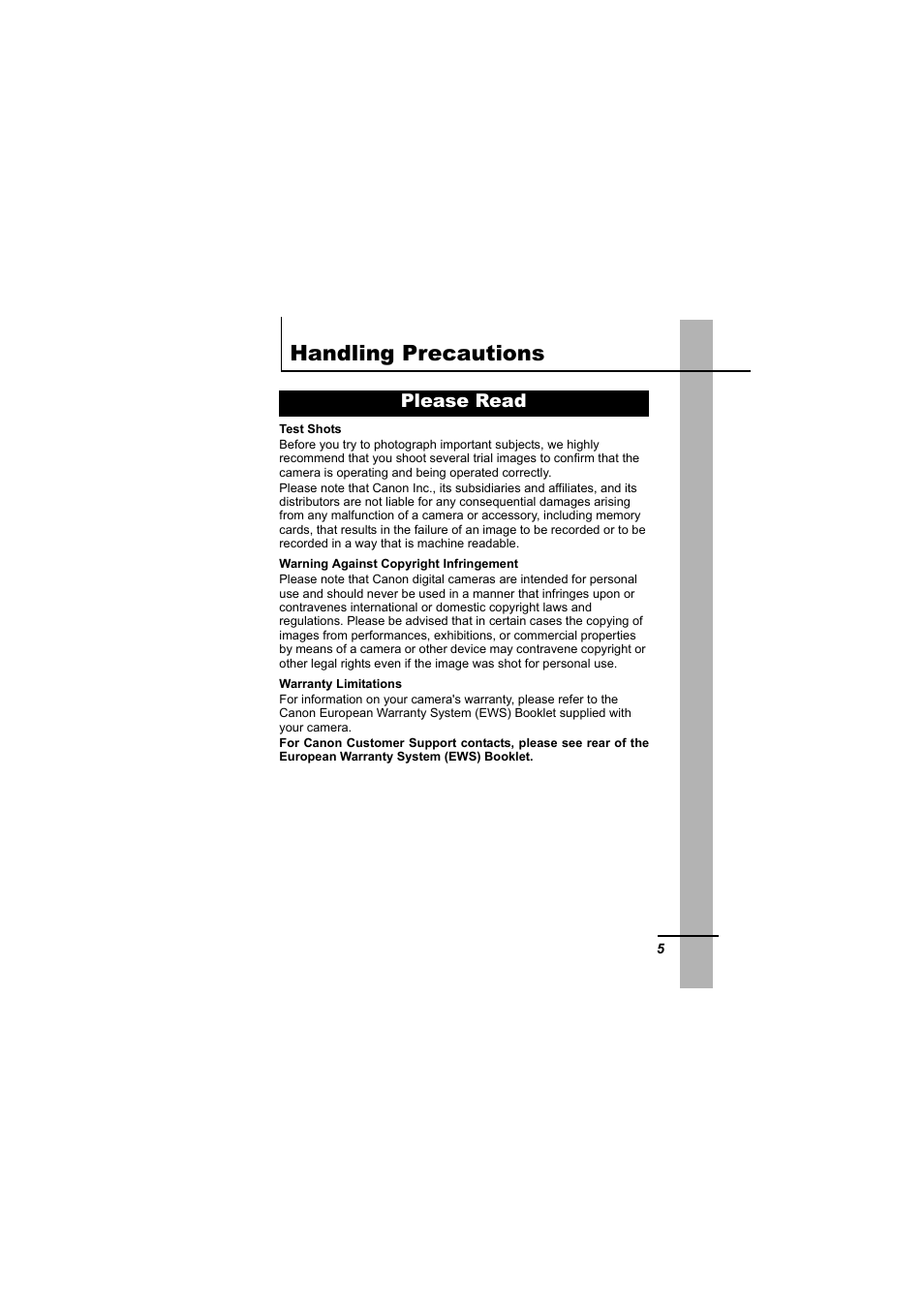 Handling precautions, Please read | Canon IXUS 55 User Manual | Page 7 / 127