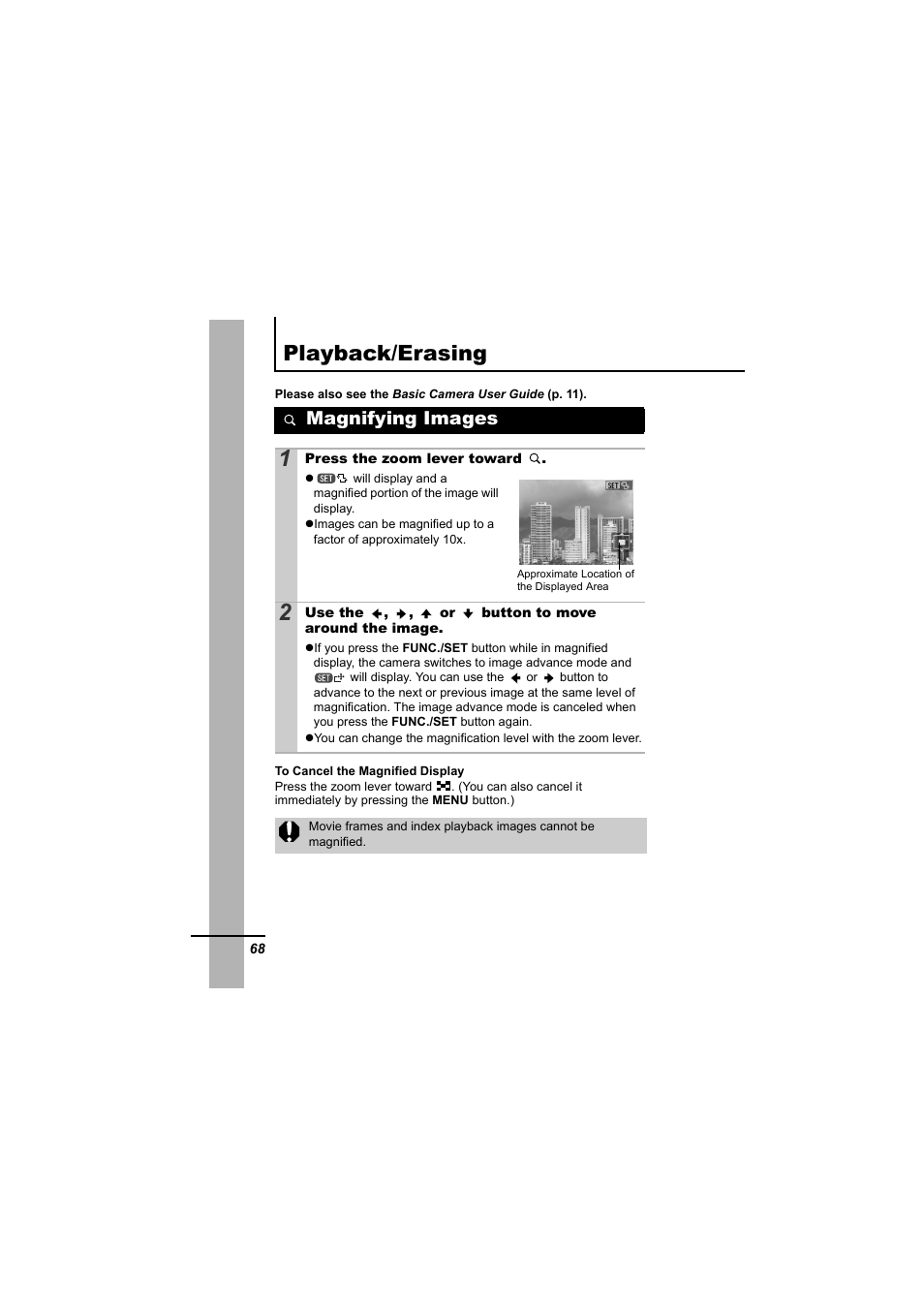 Playback/erasing, Magnifying images, P. 68 | Canon IXUS 55 User Manual | Page 70 / 127