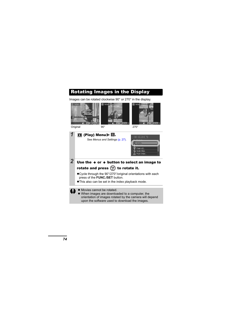 Rotating images in the display, P. 74 | Canon IXUS 55 User Manual | Page 76 / 127