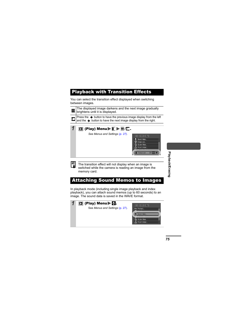 Playback with transition effects, Attaching sound memos to images, P. 75) | At sound, P. 75 | Canon IXUS 55 User Manual | Page 77 / 127