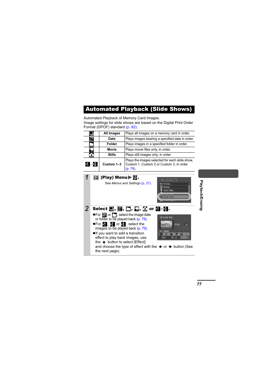 Automated playback (slide shows), P. 77 | Canon IXUS 55 User Manual | Page 79 / 127